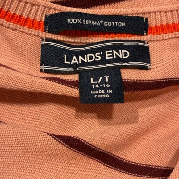 Lands End Women's Tall 100% Supima Cotton Peach Striped Cardigan Sweater Size LT - Picture 4 of 6